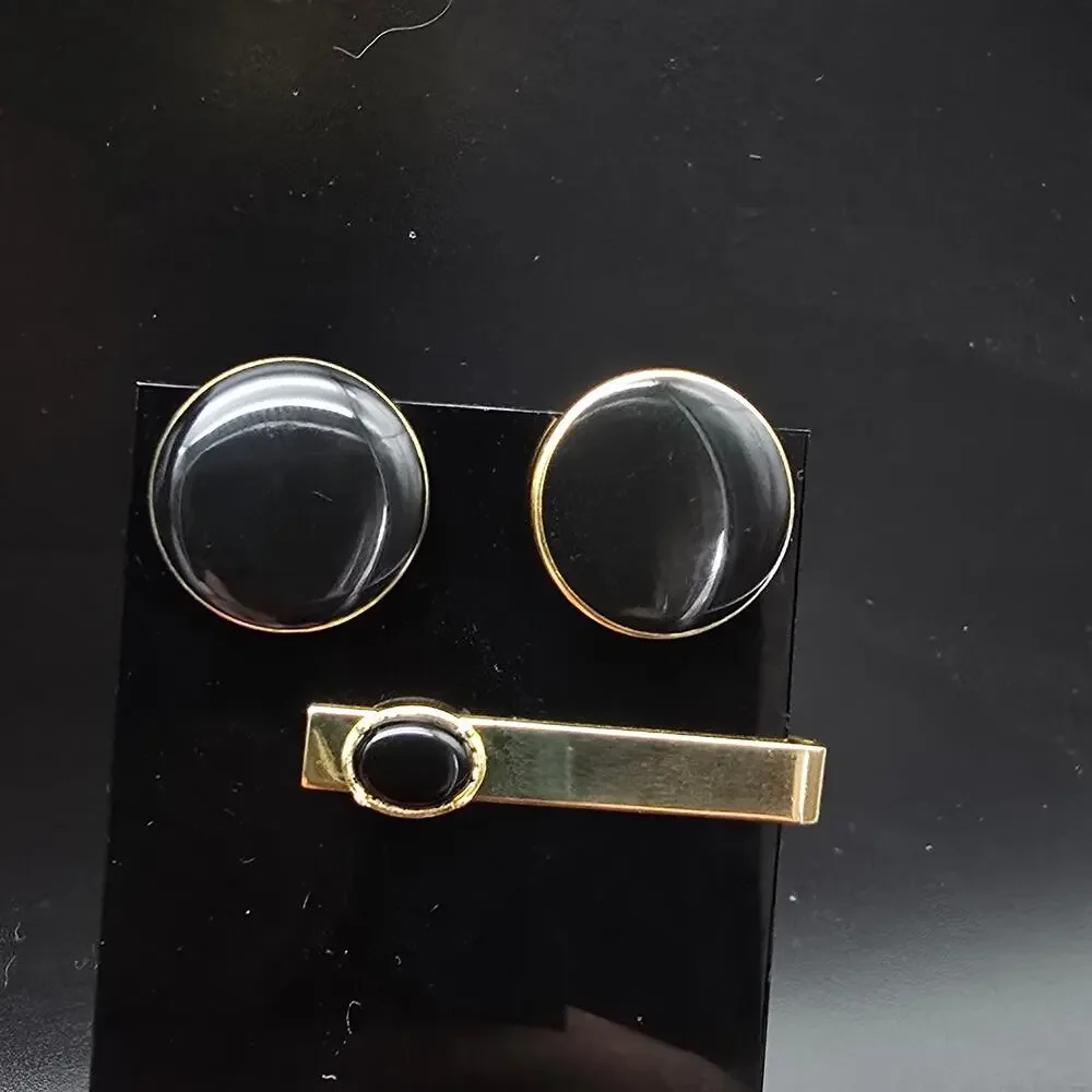 Gold Tone Black Enamel Round Cufflinks Tie Clip Tie Bar Set